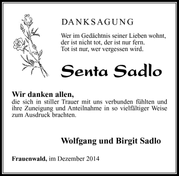 Traueranzeige von Senta Sadlo von Südthüringer Presse