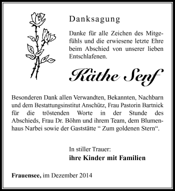 Traueranzeige von Käthe Senf von Südthüringer Presse