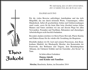 Traueranzeige von Theo Jakobi von Südthüringer Presse