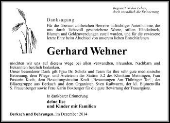 Traueranzeige von Gerhard Wehner von Südthüringer Presse