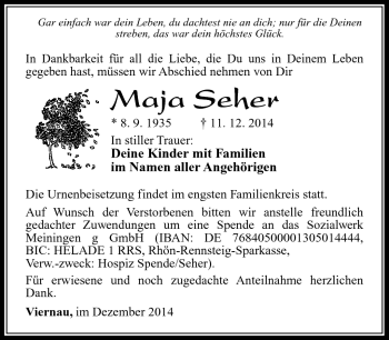 Traueranzeige von Maja Seher von Südthüringer Presse