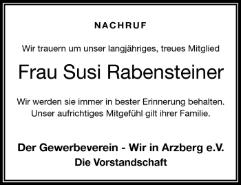 Traueranzeige von Susi Rabensteiner von Frankenpost
