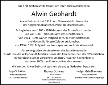 Traueranzeige von Alwin Gebhardt von Frankenpost