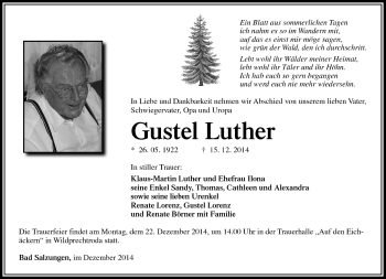 Traueranzeige von Gustel Luther von Südthüringer Presse