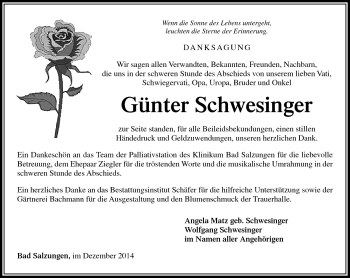 Traueranzeige von Günter Schwesinger von Südthüringer Presse