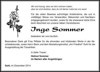 Traueranzeige von Inge Sommer von Südthüringer Presse