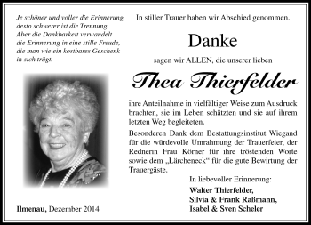 Traueranzeige von Thea Thierfelder von Südthüringer Presse