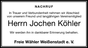 Traueranzeige von Jochen Köhler von Frankenpost