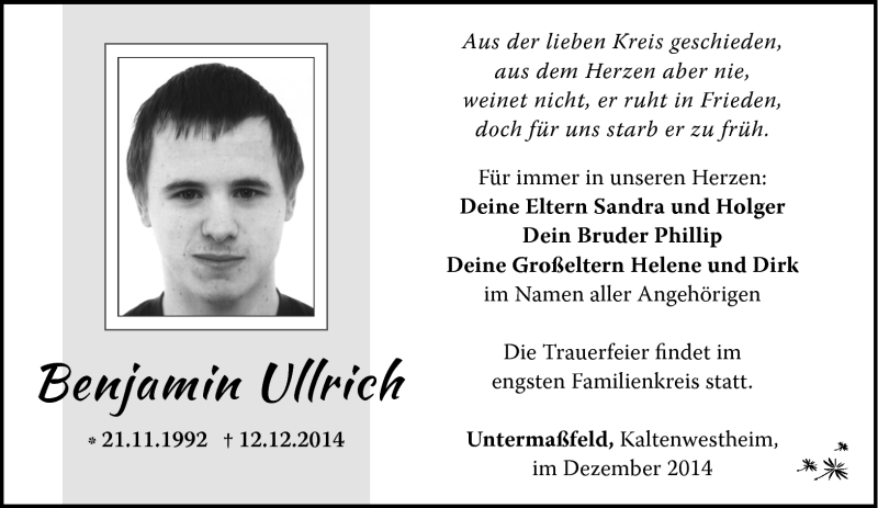  Traueranzeige für Benjamin Ullrich vom 18.12.2014 aus Südthüringer Presse