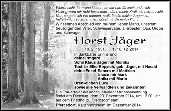 Traueranzeige von Horst Jäger von Südthüringer Presse