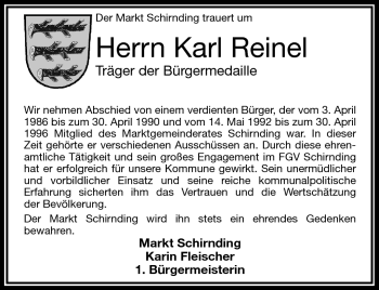 Traueranzeige von Karl Reinel von Frankenpost