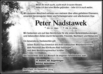 Traueranzeige von Peter Nadstawek von Südthüringer Presse