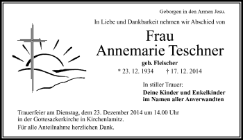 Traueranzeige von Annemarie Teschner von Frankenpost
