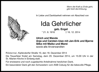 Traueranzeige von Ida Gehrlicher von Neue Presse Coburg