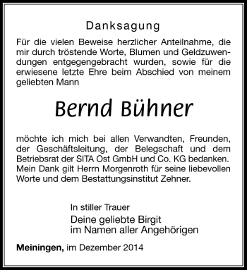 Traueranzeige von Bernd Bühner von Südthüringer Presse