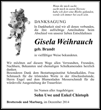 Traueranzeige von Gisela Weihrauch von Südthüringer Presse