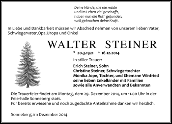 Traueranzeige von Walter Steiner von Südthüringer Presse