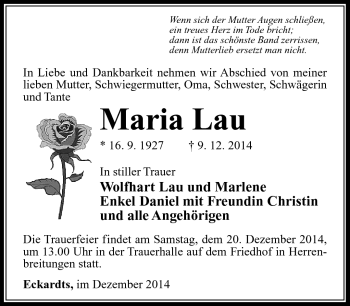 Traueranzeige von Maria Lau von Südthüringer Presse