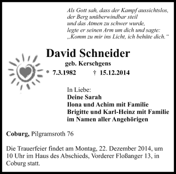Traueranzeige von David Schneider von Neue Presse Coburg