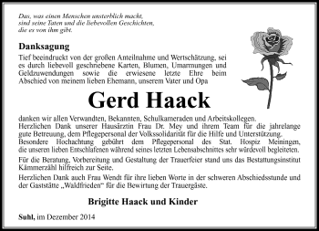 Traueranzeige von Gerd Haack von Südthüringer Presse