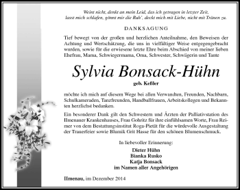 Traueranzeige von Sylvia Bonsack-Hühn von Südthüringer Presse