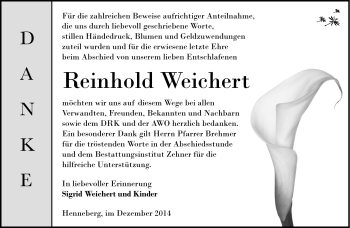 Traueranzeige von Reinhold Weichert von Südthüringer Presse