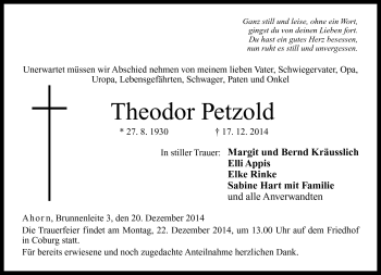 Traueranzeige von Theodor Petzold von Neue Presse Coburg