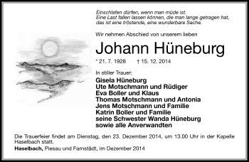 Traueranzeige von Johann Hüneburg von Südthüringer Presse
