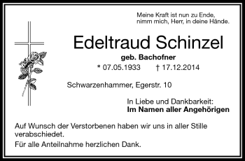 Traueranzeige von Edeltraud Schinzel von Frankenpost