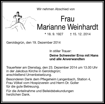 Traueranzeige von Marianne Weinhardt von Frankenpost