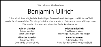 Traueranzeige von Benjamin Ullrich von Südthüringer Presse
