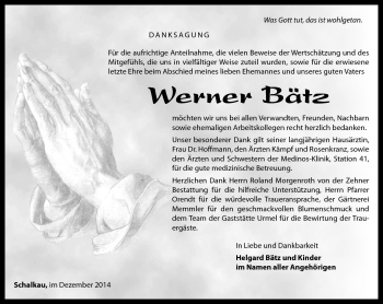 Traueranzeige von Werner Bätz von Südthüringer Presse