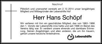 Traueranzeige von Hans Schöpf von Frankenpost
