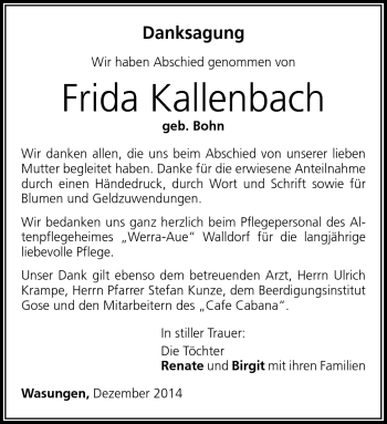 Traueranzeige von Frida Kallenbach von Südthüringer Presse