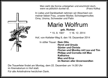 Traueranzeige von Marie Wolfrum von Frankenpost