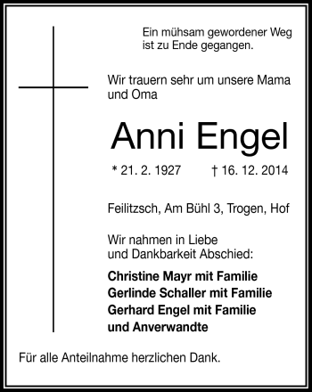 Traueranzeige von Anni Engel von Frankenpost