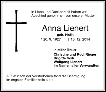Traueranzeige von Anna Lienert von Frankenpost