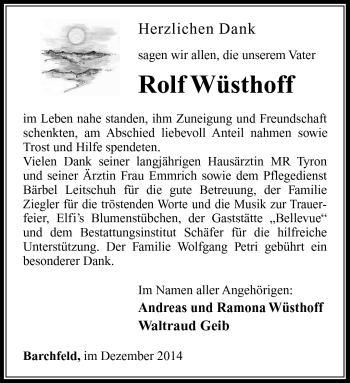 Traueranzeige von Rolf Wüsthoff von Südthüringer Presse