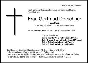 Traueranzeige von Gertraud Dorschner von Frankenpost