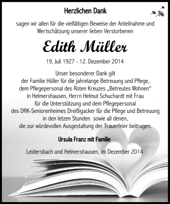 Traueranzeige von Edith Müller von Südthüringer Presse