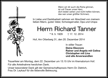 Traueranzeige von Richard Tanner von Frankenpost