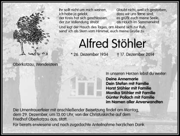 Traueranzeige von Alfred Stöhler von Frankenpost