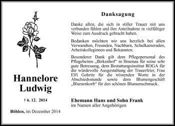 Traueranzeige von Hannelore Ludwig von Südthüringer Presse