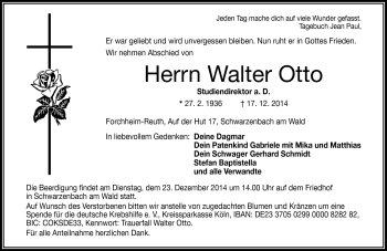 Traueranzeige von Walter Otto von Frankenpost