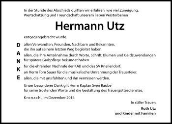 Traueranzeige von Hermann Utz von Neue Presse Coburg