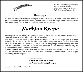 Traueranzeige von Mathias Krepel von Südthüringer Presse