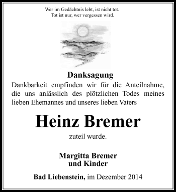 Traueranzeige von Heinz Bremer von Südthüringer Presse
