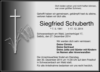 Traueranzeige von Siegfried Schuberth von Frankenpost