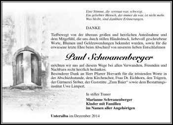 Traueranzeige von Paul Schwanenberger von Südthüringer Presse