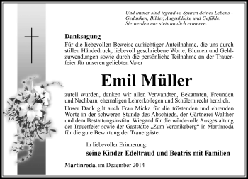 Traueranzeige von Emil Müller von Südthüringer Presse